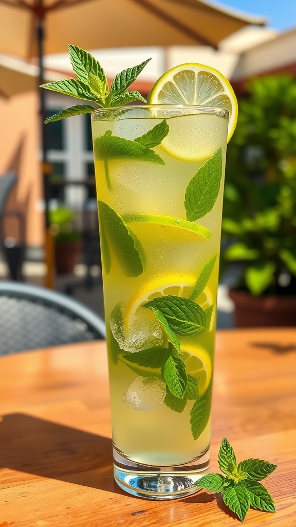 A tall glass of ginger vodka smash cocktail with mint and lime, set on a sunny outdoor table.
